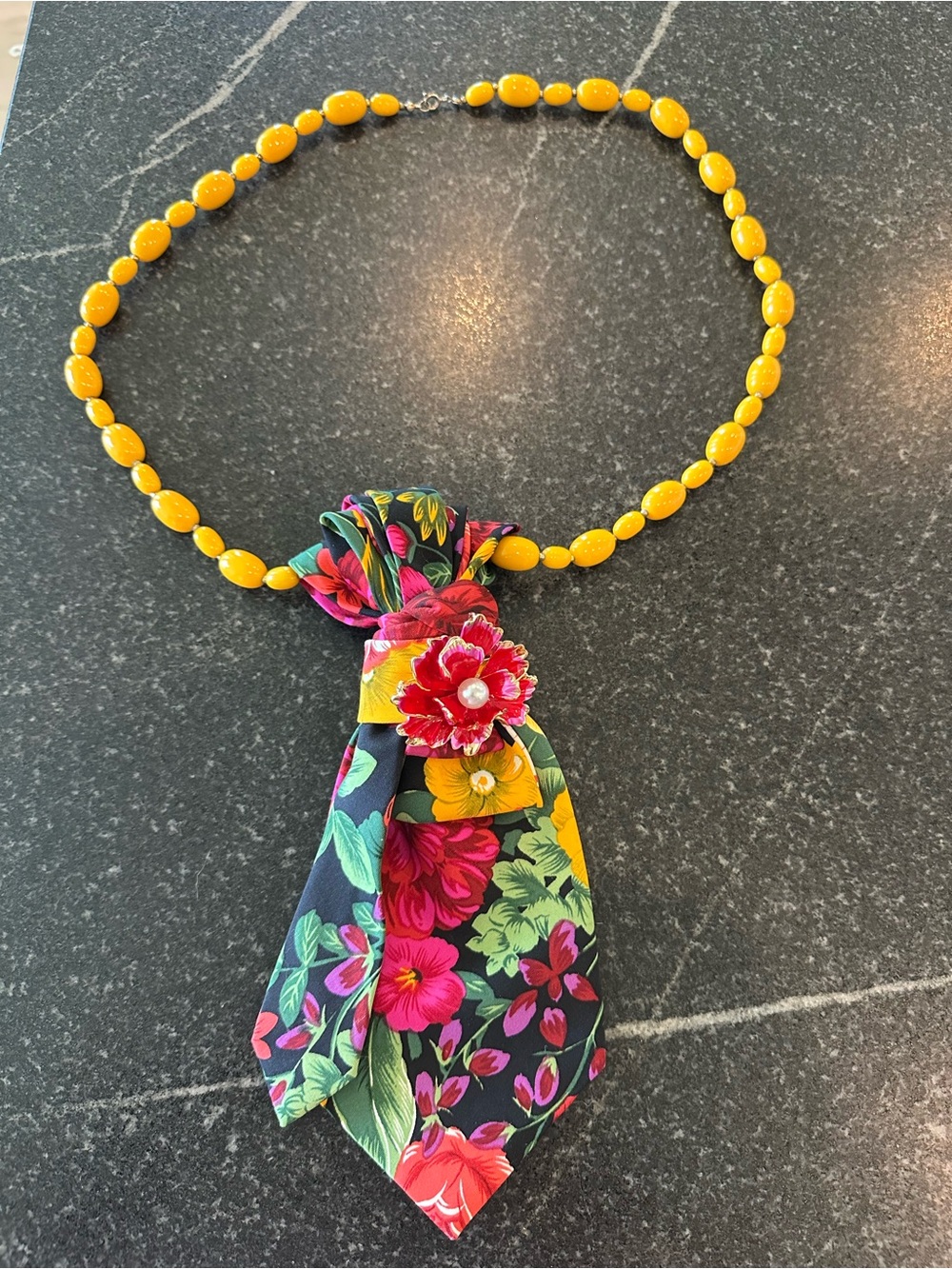 Sunny Yellow Beaded Necklace with Floral Cotton tie and Fuchsia Flower Accent